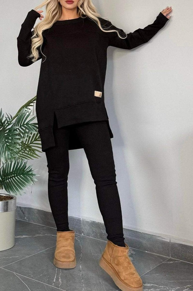 Women's Slit Long Sleeve Crew Neck Casual Suits