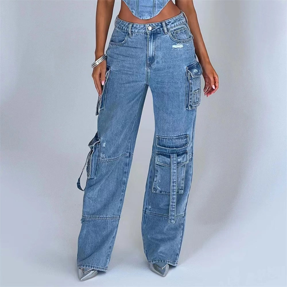 Women's Low Waist Three-dimensional Pocket Stitching Autumn Loose Draping Jeans