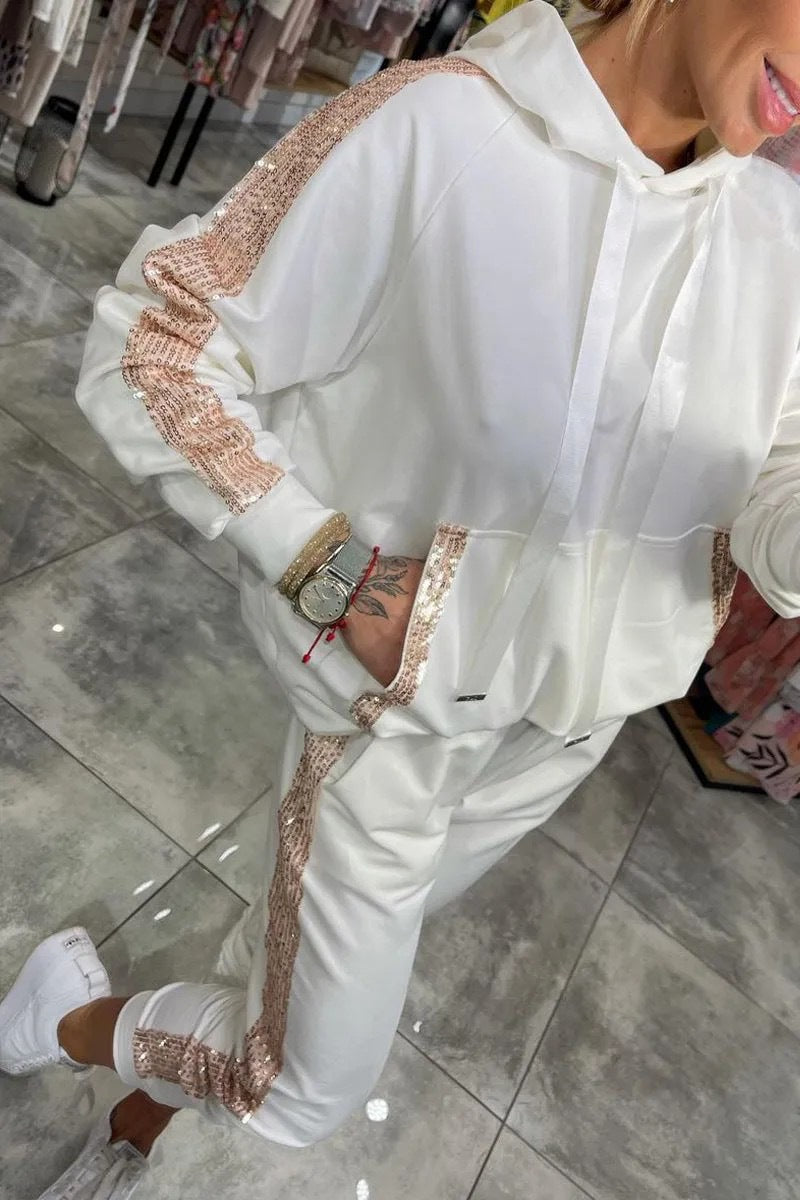 Casual Sequin Pocket Sports Hooded Sweatshirt Suits