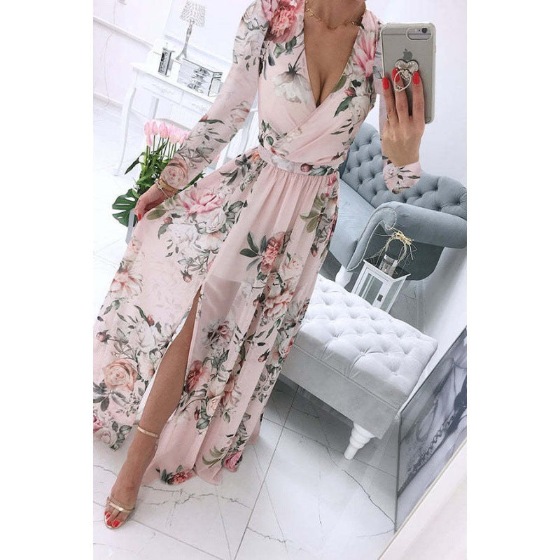 Women's Summer Long Sleeve Chiffon Printed Bohemian Dresses