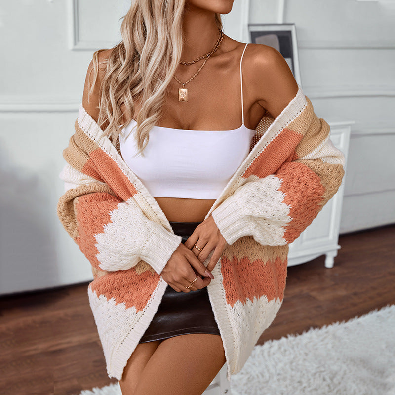 Women's Contrast Color Striped Casual Loose Lantern Cardigans