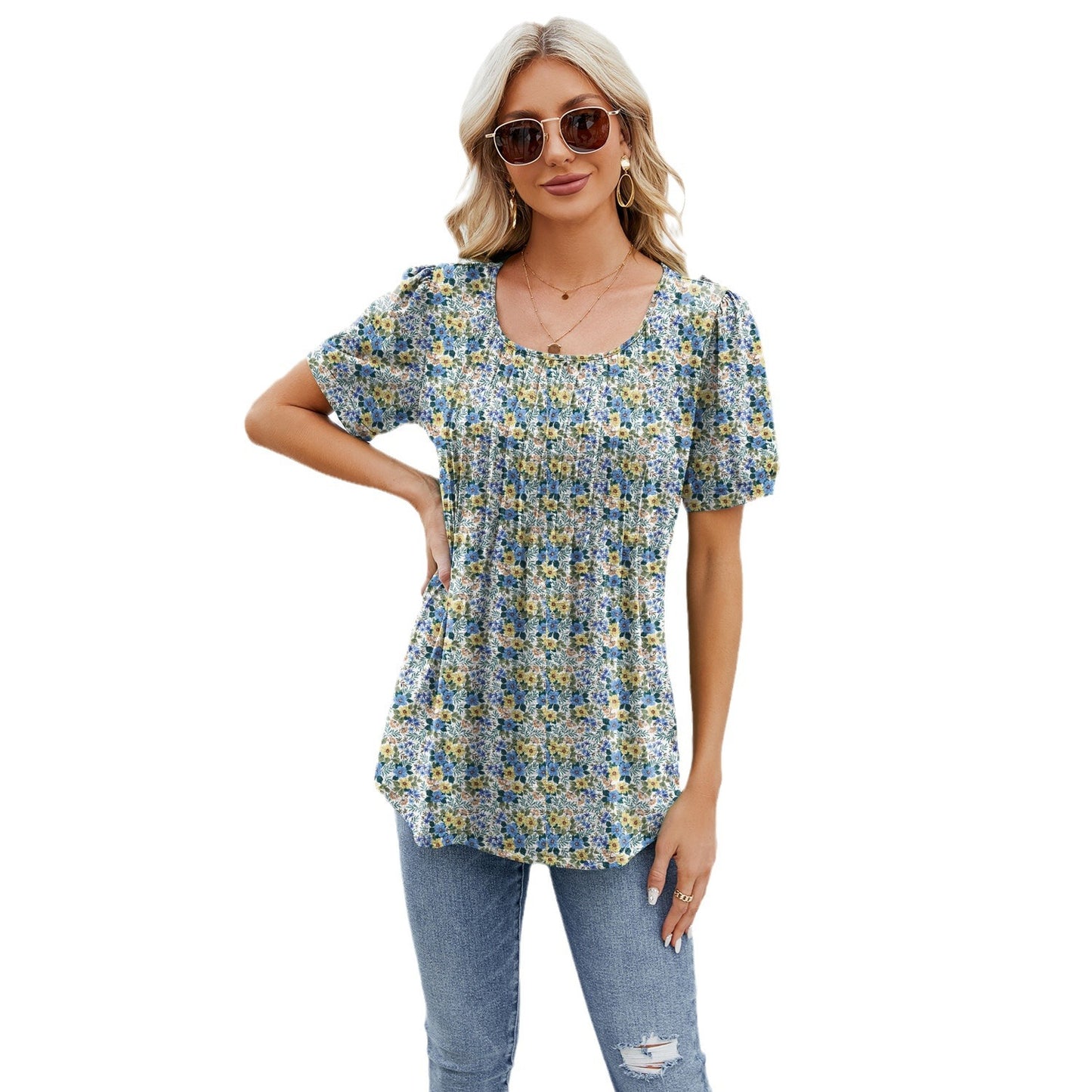 Women's Round Neck Strip Loose Sleeve T-shirt Tops