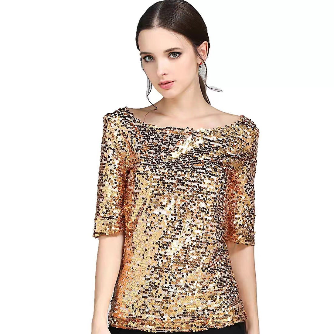 Women's Summer Sleeve Solid Color Sequin Sequined T-shirt Knitwear