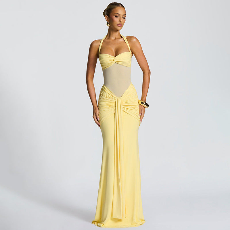 Women's Pure Color Halter Mesh Tight Stitching Dresses