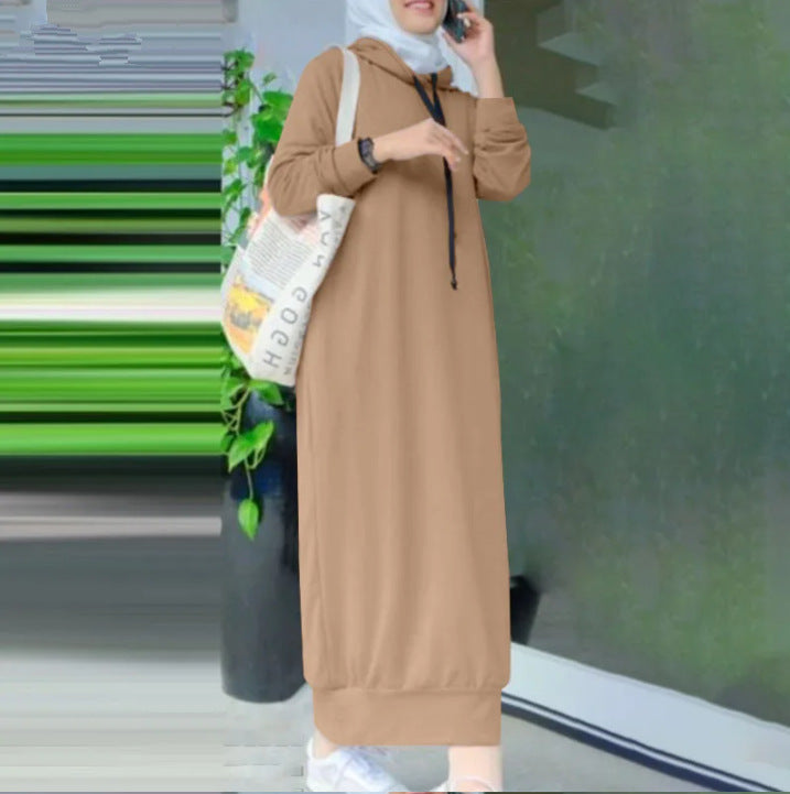 Women's Autumn Solid Color Plush Hooded Drawstring Loose Casual Long Dress