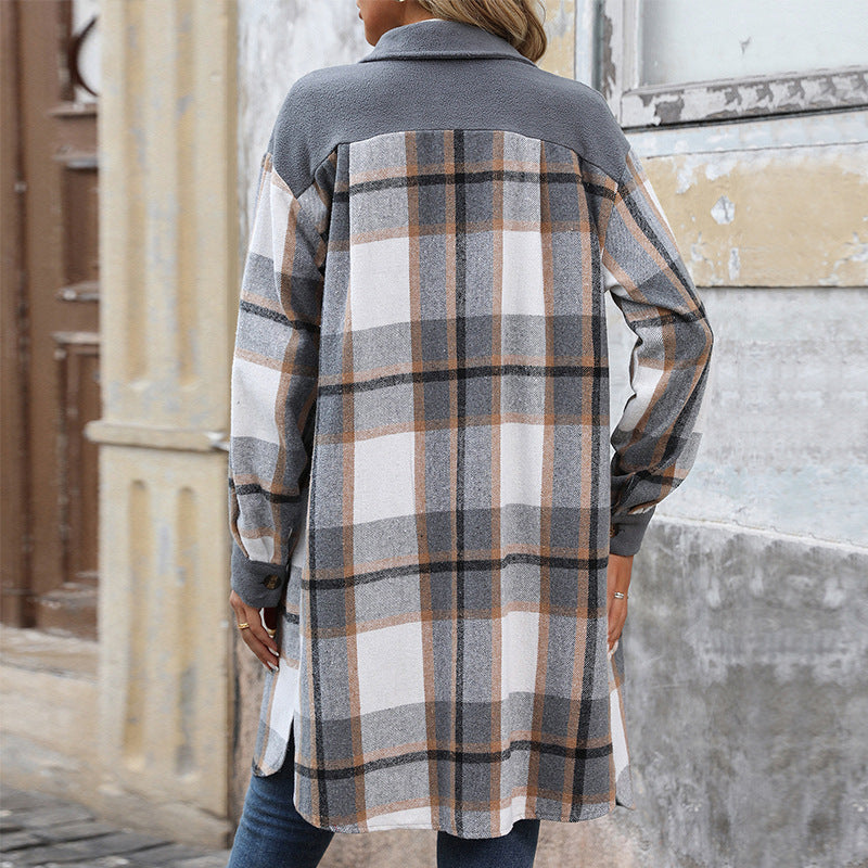 Women's Mid-length Plaid Vintage Brushed Square Splicing Coats