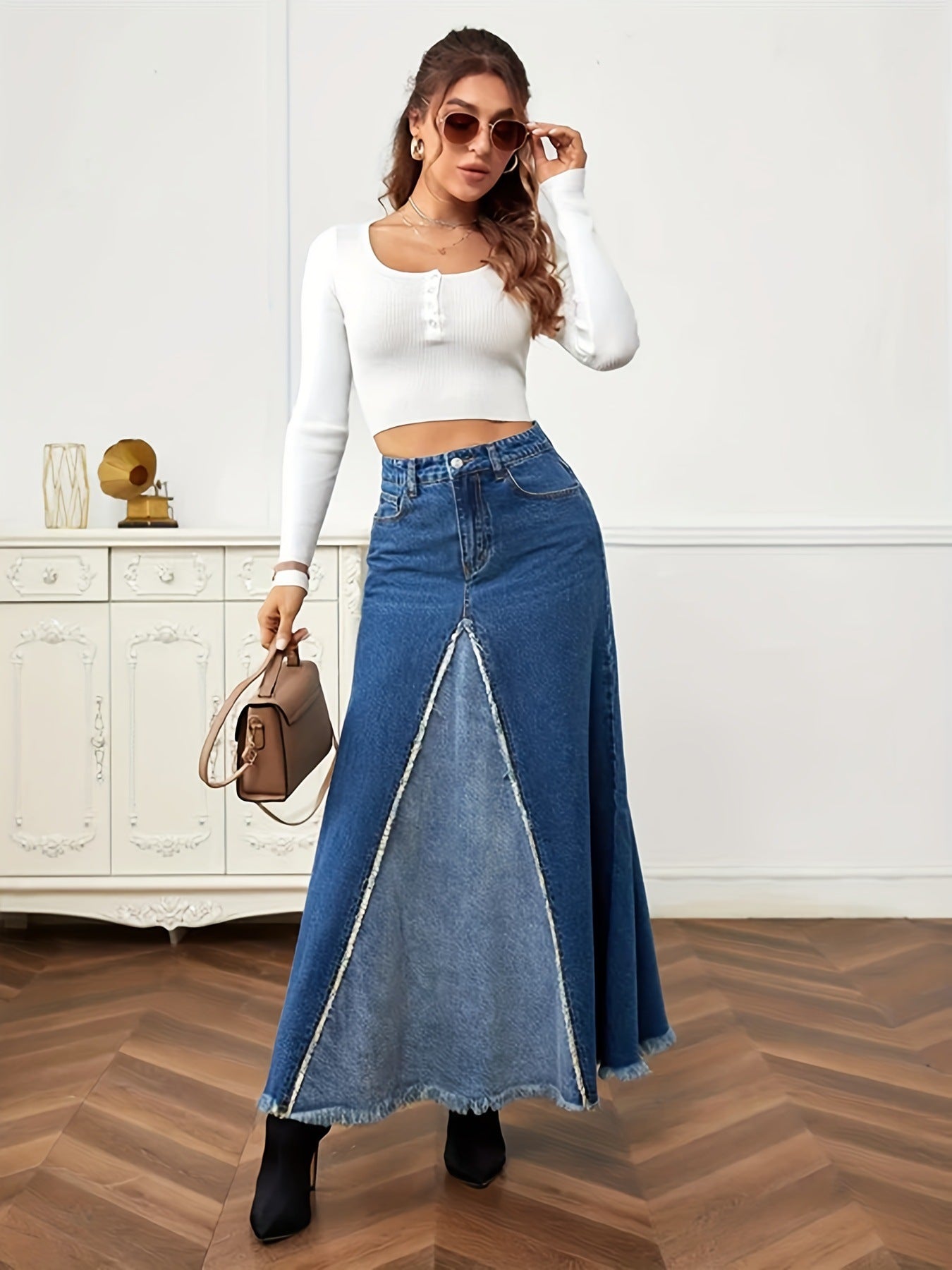Women's Summer Patchwork Denim Frayed Long Skirts
