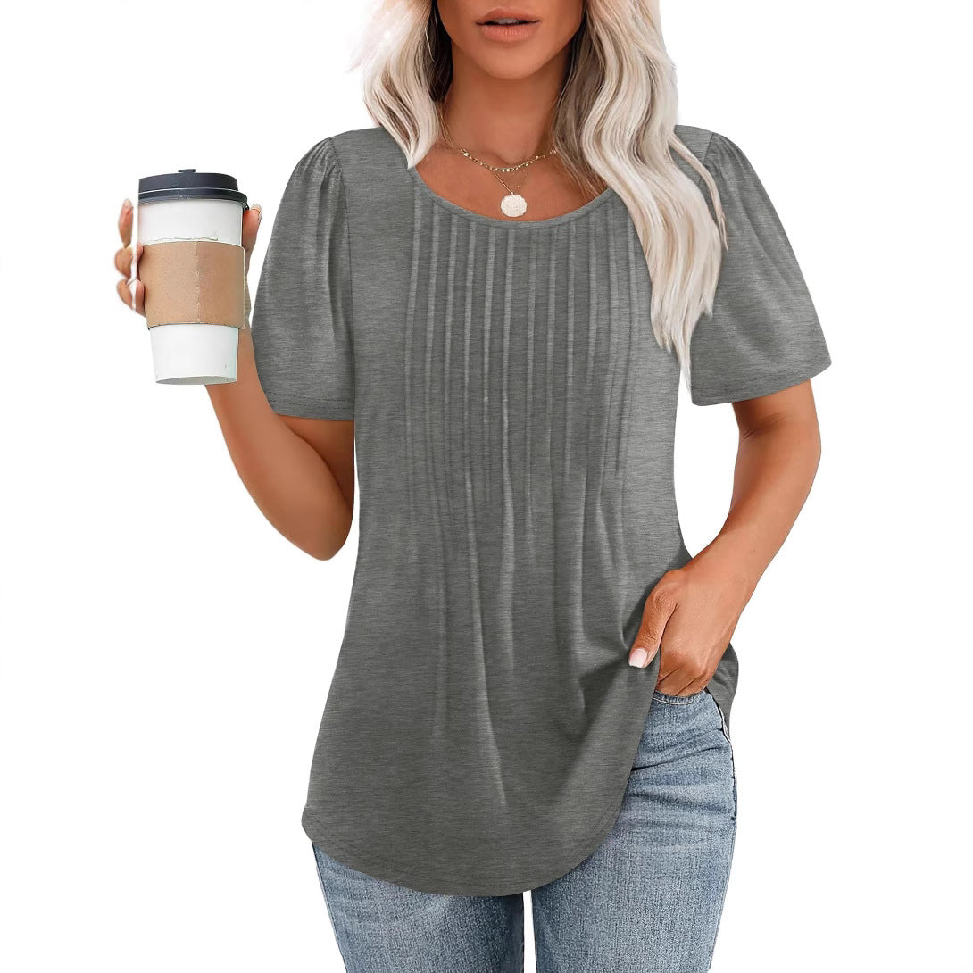 Women's Loose Pleated Round Neck Sleeve T-shirt Stripes Blouses