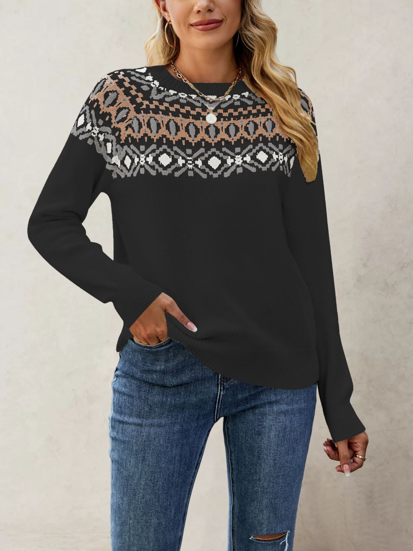 Jacquard Vintage Large Round Neck Pullover Sweaters