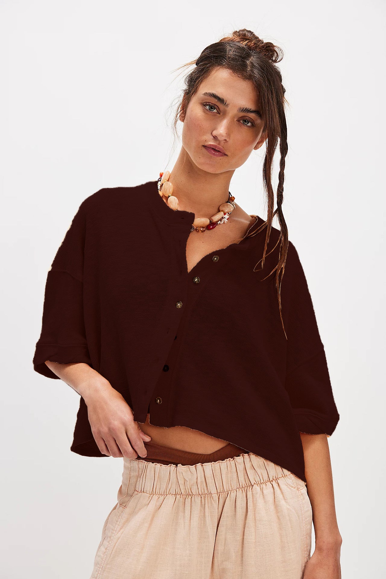 Women's Casual Linen Button Half Sleeve Solid Blouses