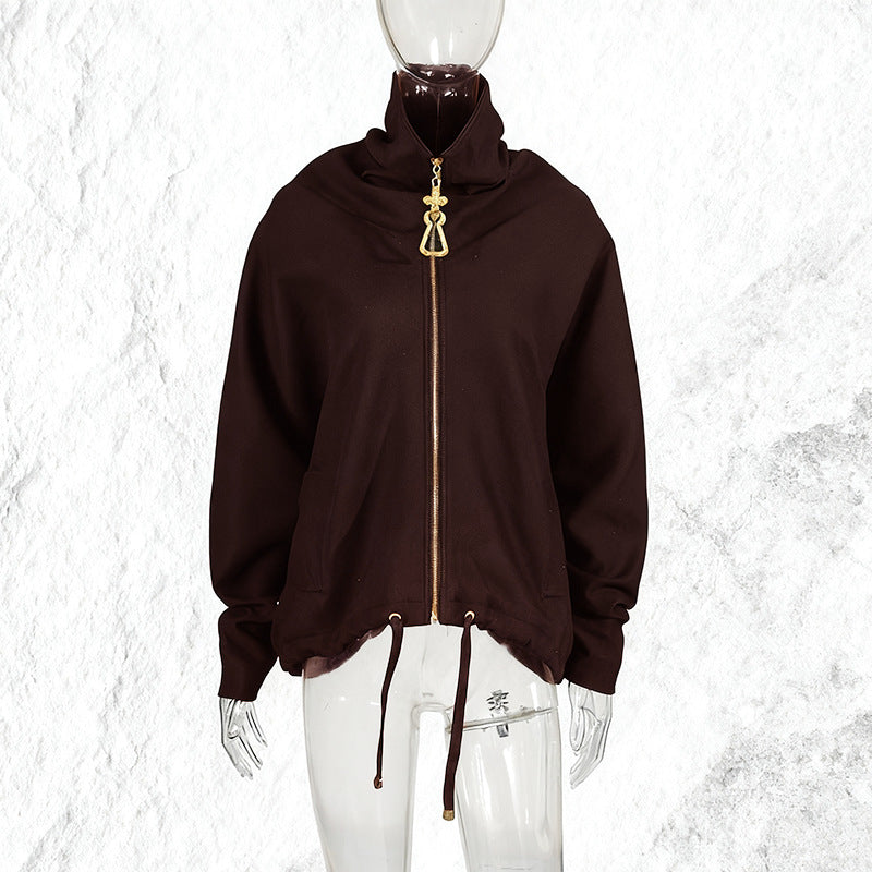 Solid Color Polo Collar Design Zipper Coats