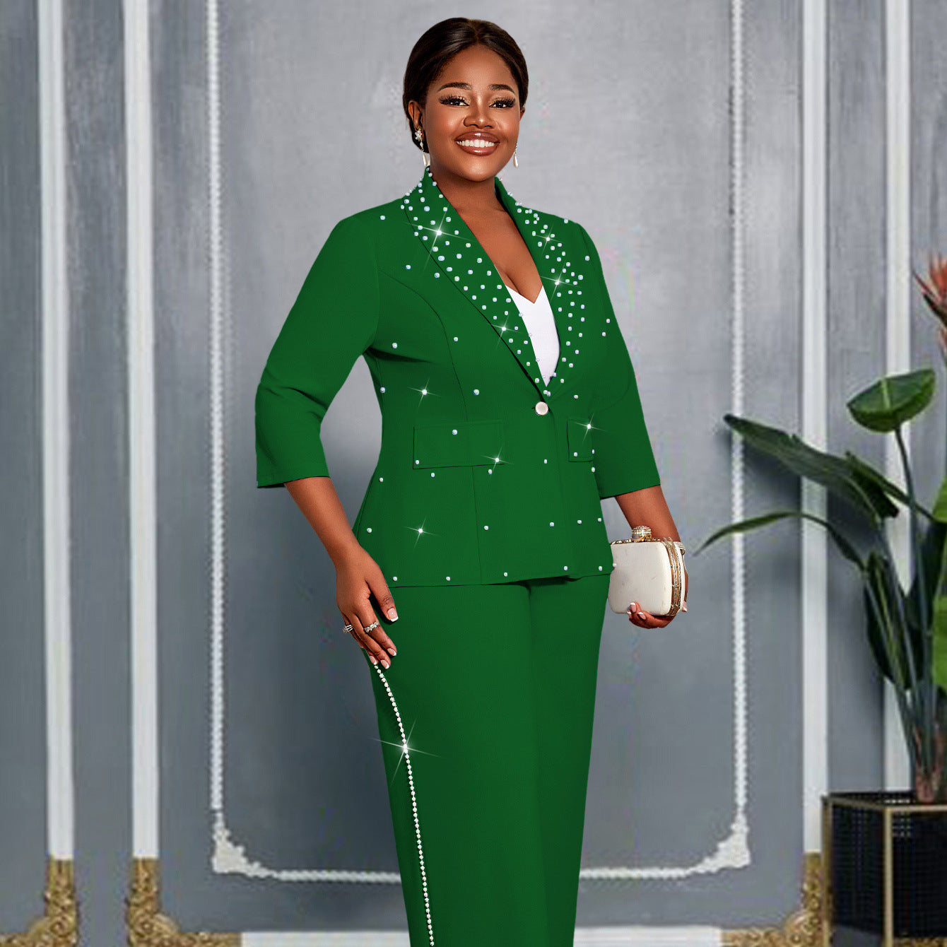 Women's Commuting Wear Turn-down Collar Green Beaded Suits