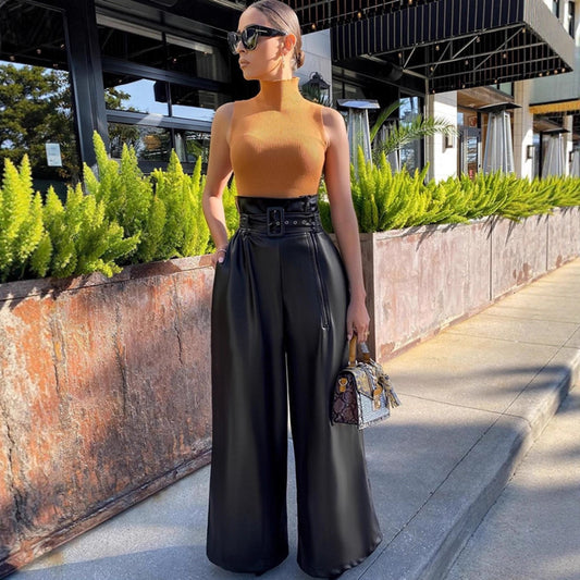Women's High Waist Style Leather Nightclub Metal Belt Pants