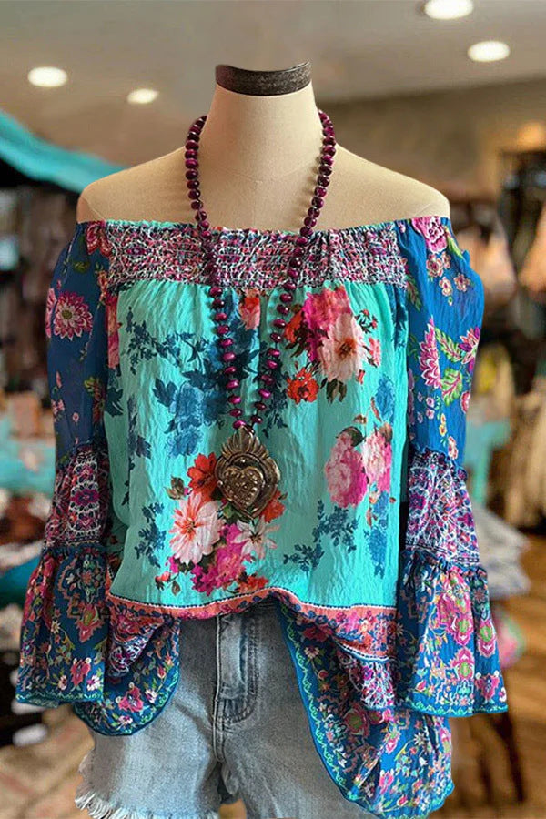 Women's Digital Printed Round Neck Lantern Sleeve Blouses