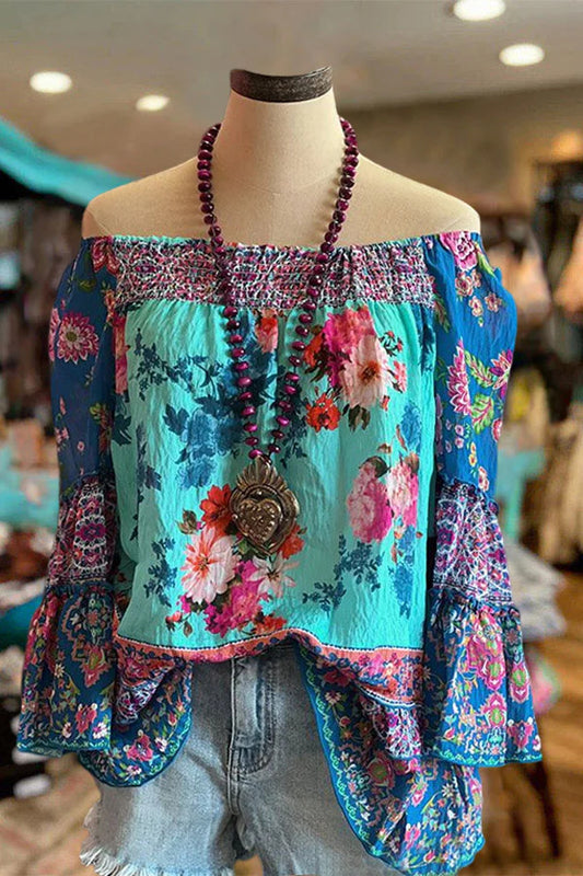 Women's Digital Printed Round Neck Lantern Sleeve Blouses