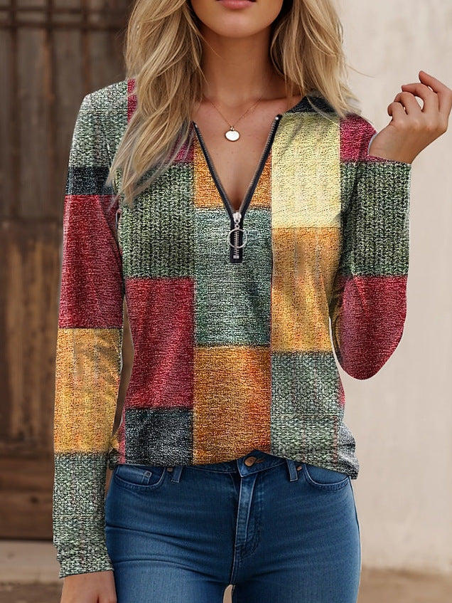 Women's Fashion Casual Loose Printed Zipper Cashmere Blouses