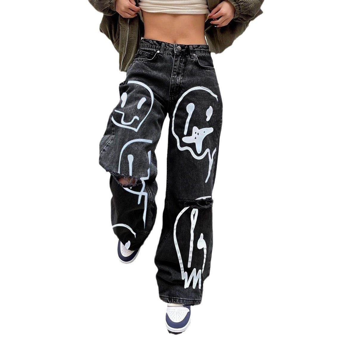 Women's Stylish Denim Trousers Printed Ripped Jeans