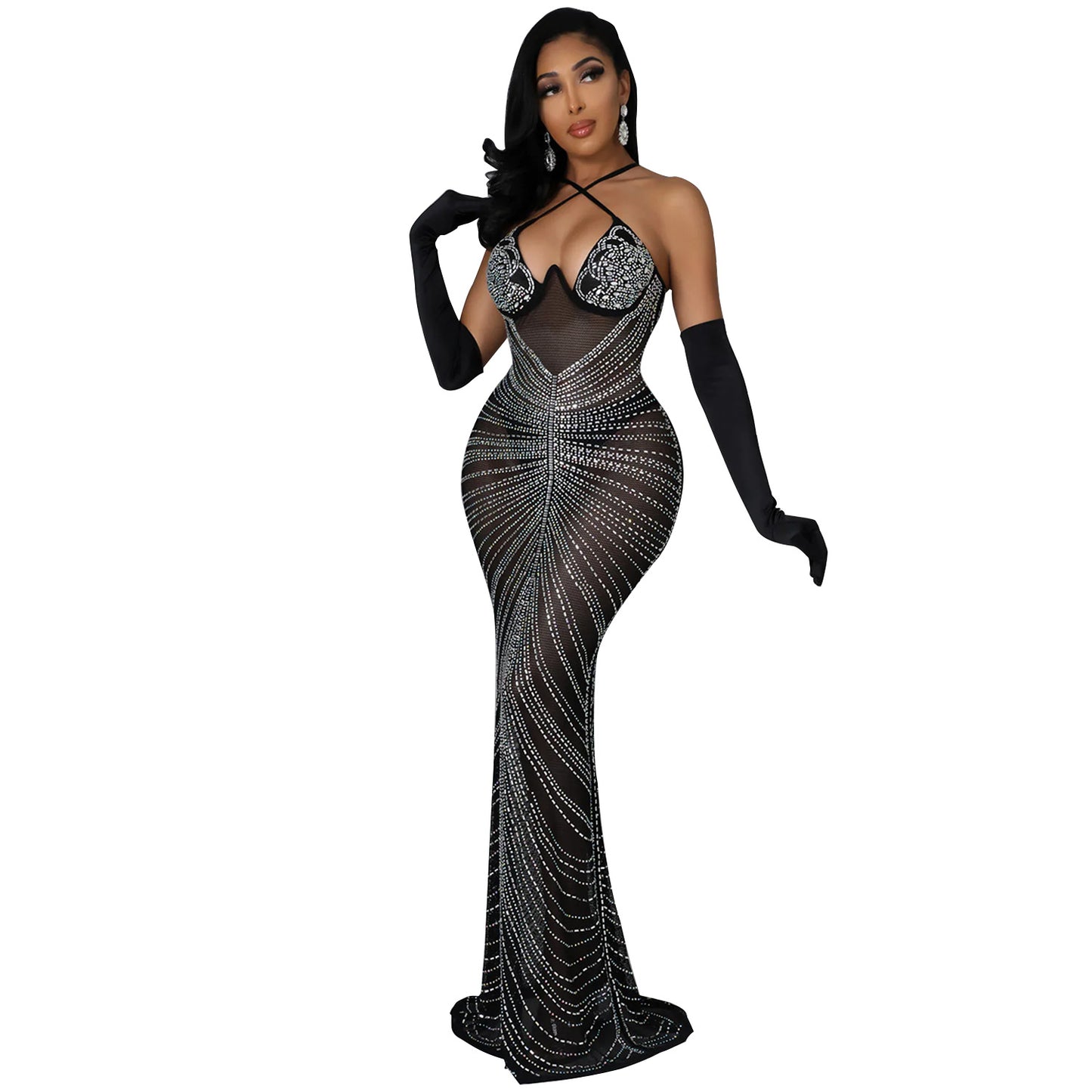 Women's Summer Sexy Mesh Rhinestone Night Club Slip Dresses