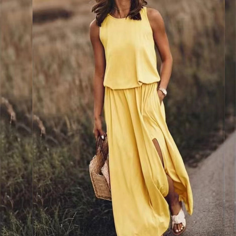 Style Solid Color Round Neck Sleeveless Dresses