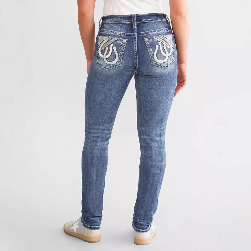 Women's Slim Fit Embroidered Denim Trousers Jeans