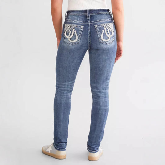 Women's Slim Fit Embroidered Denim Trousers Jeans