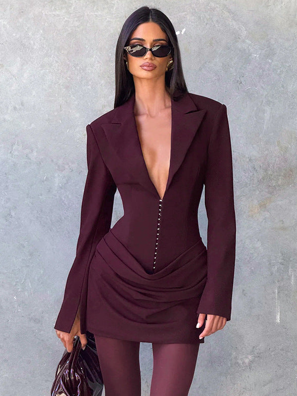 Women's Solid Color Sexy Deep Pleated Waist Tight Suits