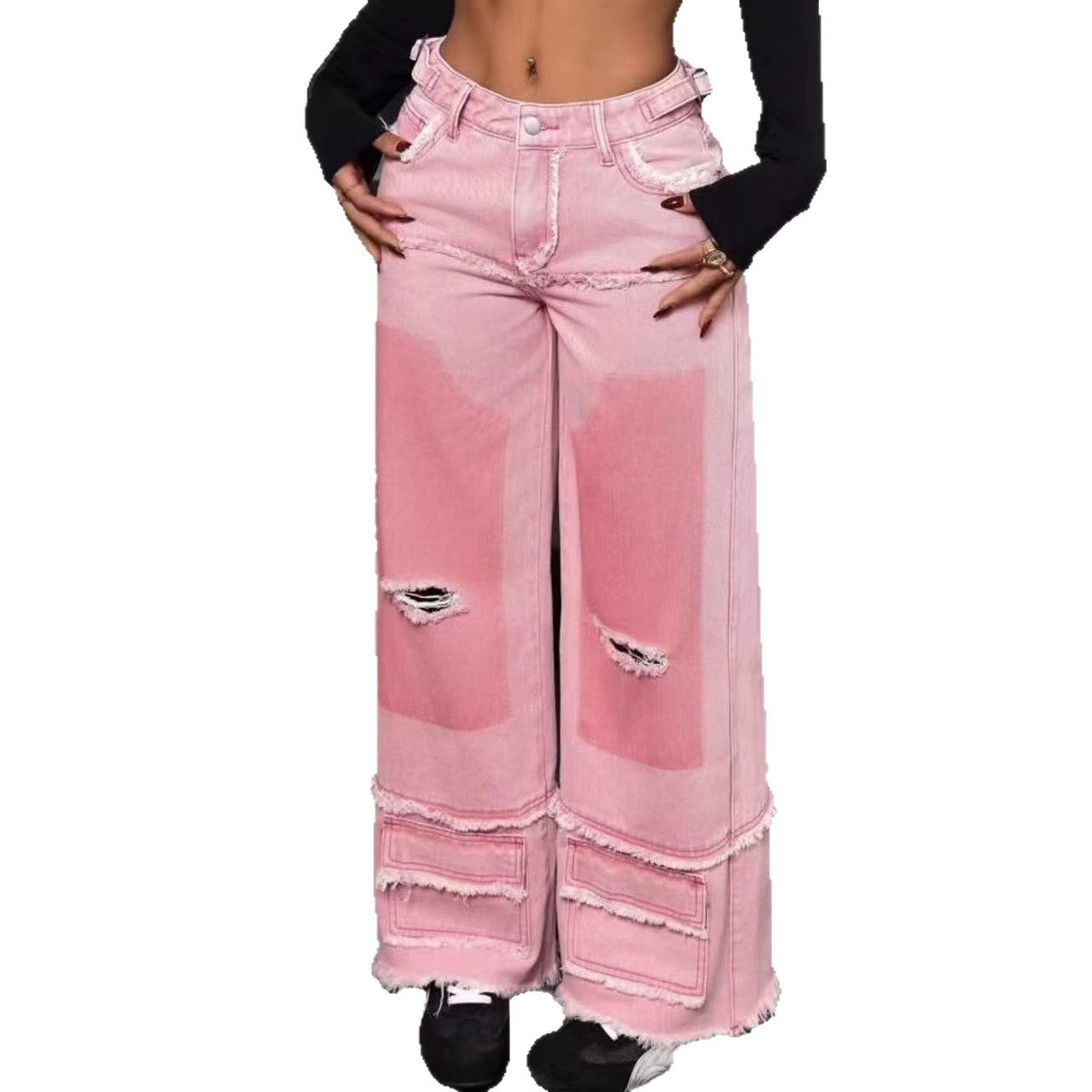 Women's Fashion Ripped Cool Stitching Gradient Pink Jeans