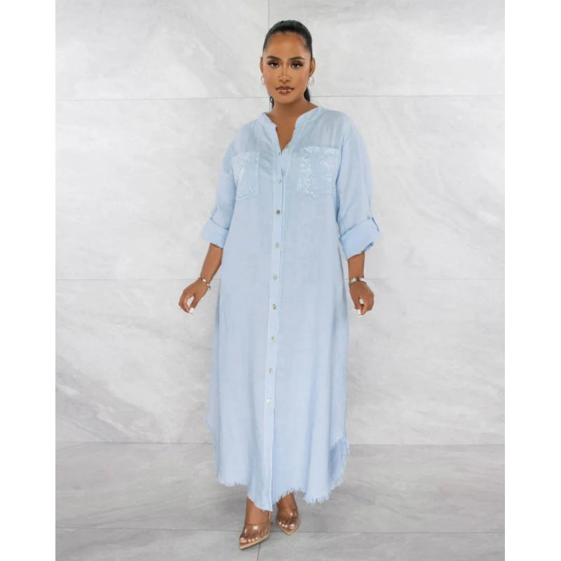 Solid Color Long Sleeves Single-breasted Half-open Blouses