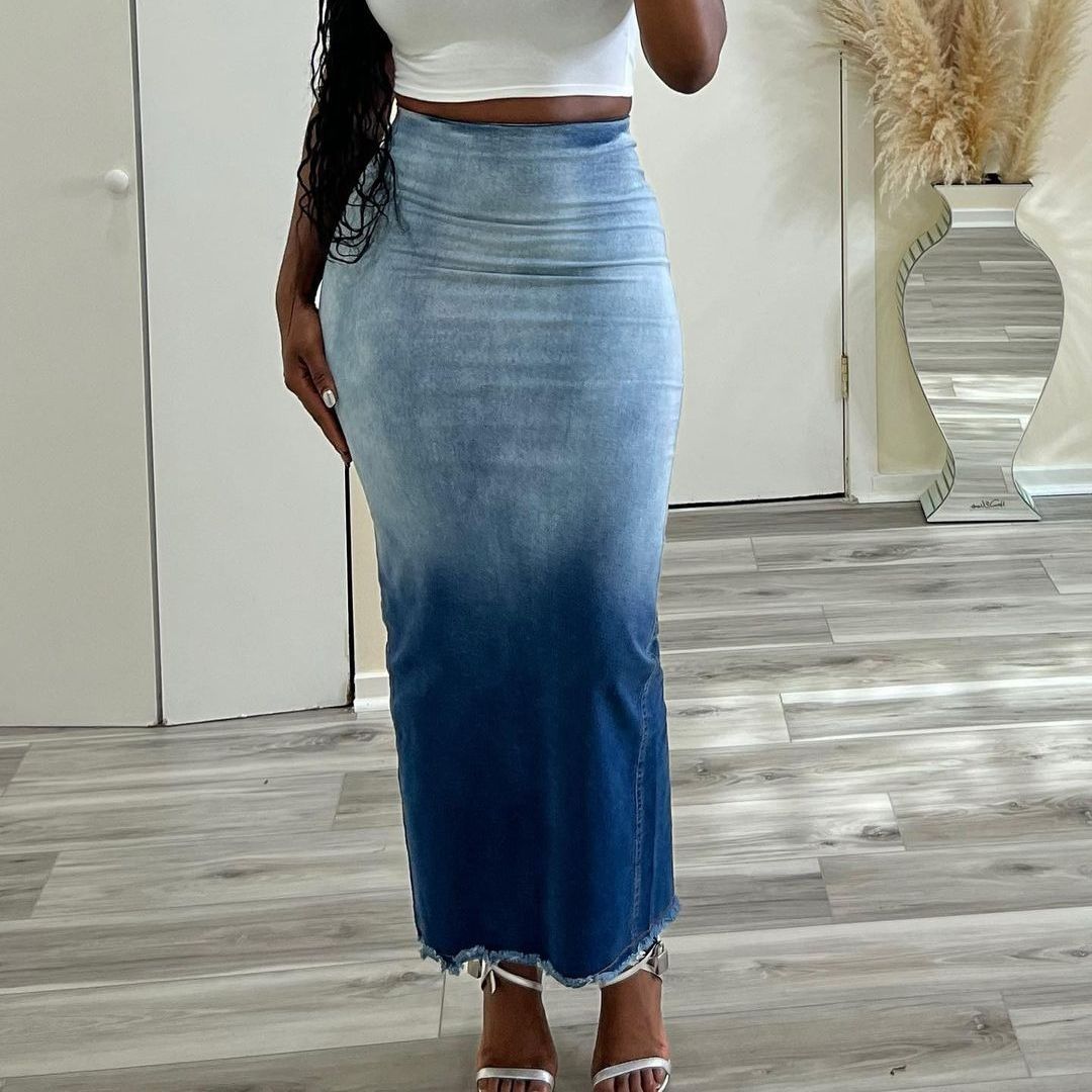 Women's Fashion Burnt Flower Slit Tassel Denim Skirts