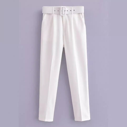 Women's European Spring With Belt Pure White Pants