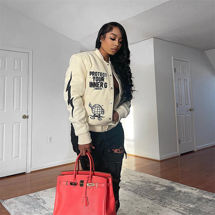 Women's Slouchy Comfortable Autumn Beige Printing Jackets