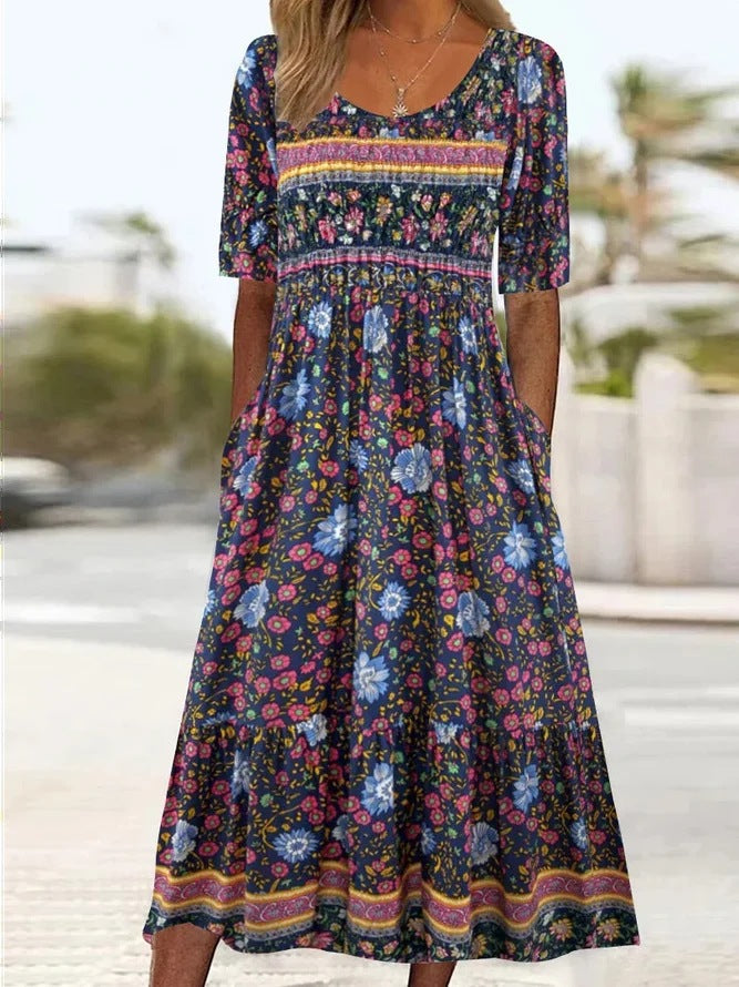 Women's Summer Round Neck Sleeve Dress Bohemian Dresses