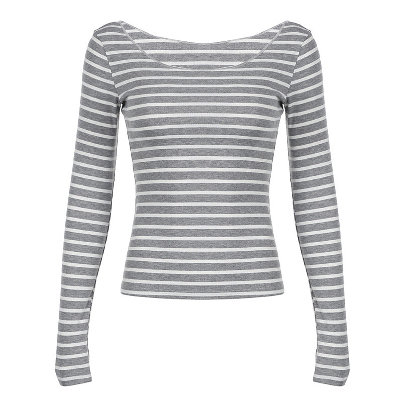 Women's Distressed Striped Long-sleeved T-shirt For Spring Blouses