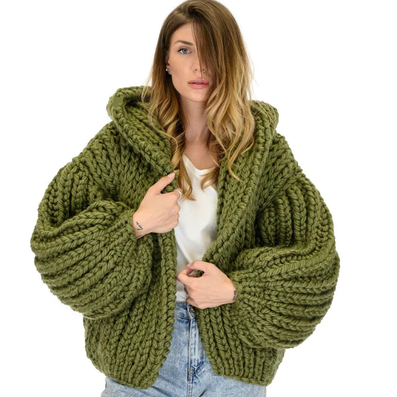 Women's Lazy Style Hooded Handmade Knitting Needle Sweaters