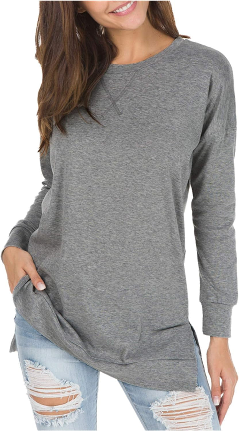 Women's Popular Slit Loose Round Neck Long Blouses