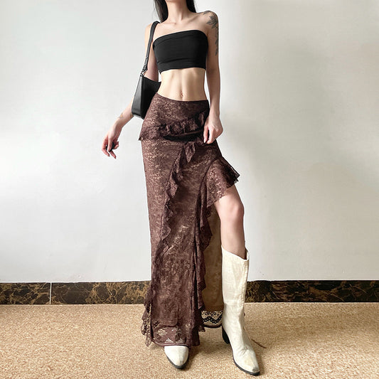 Women's Autumn High Waist Slim Lace Ruffled Skirts