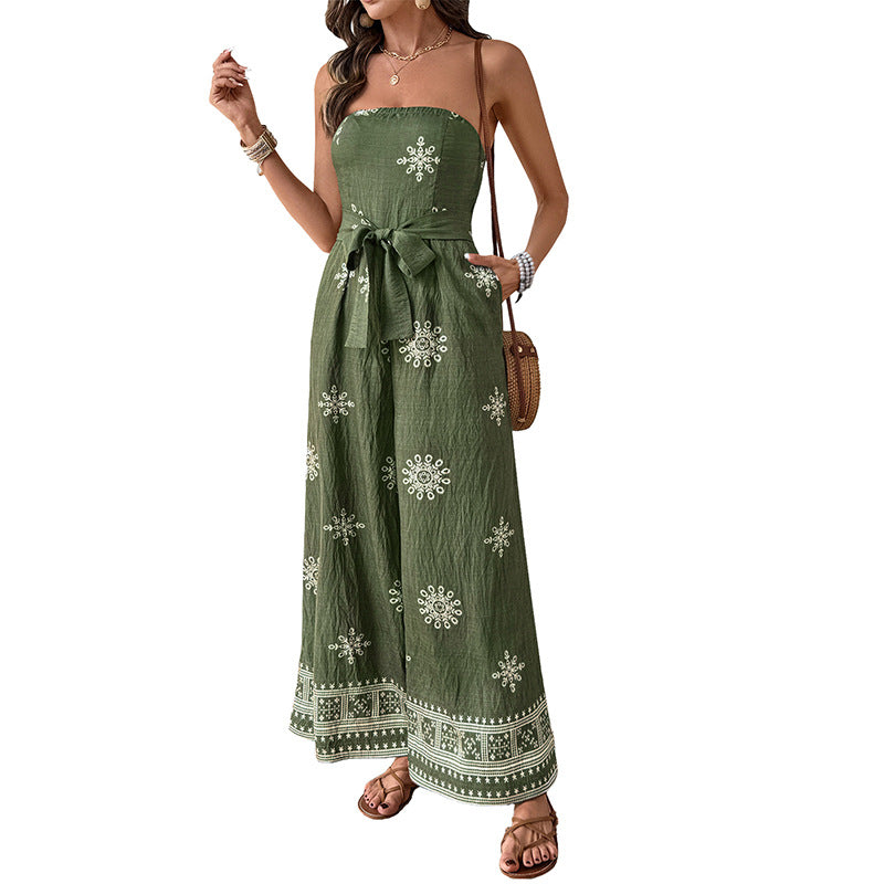 Women's Tube Printed Wide Leg Straight Jumpsuits