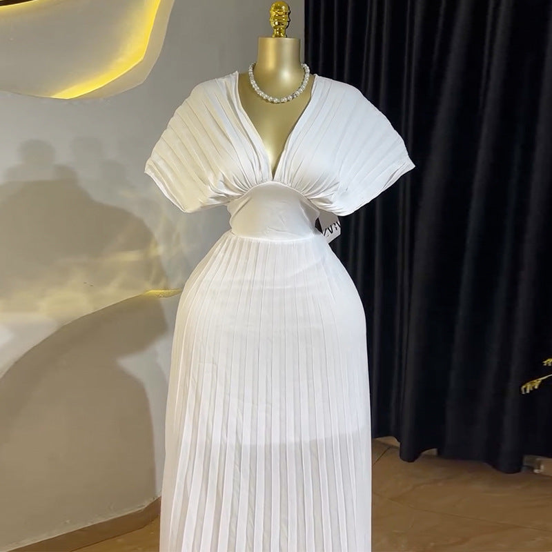 Women's Pleated Batwing Sleeve High Waist A- Skirts