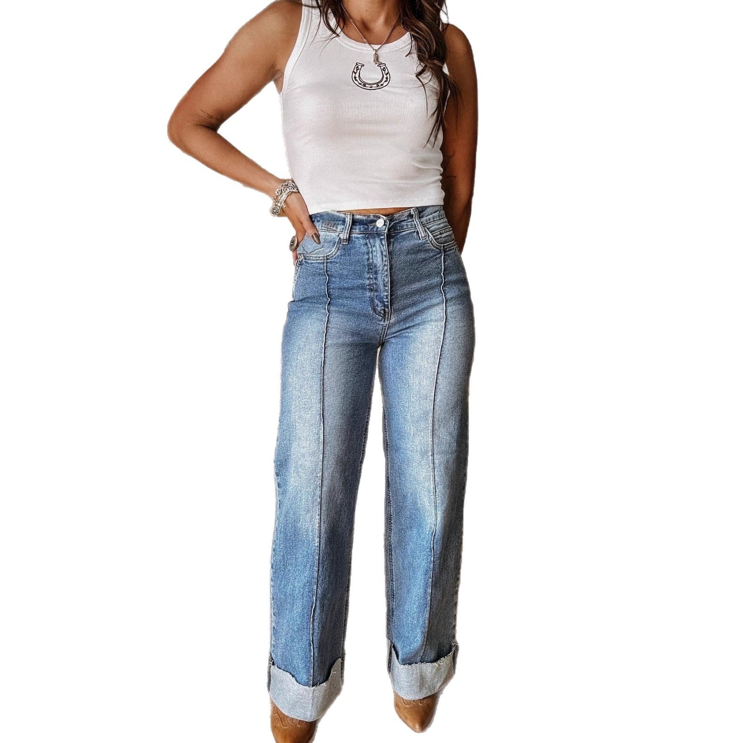 Women's Fashion Leisure Washed-out Elastic Straight Jeans