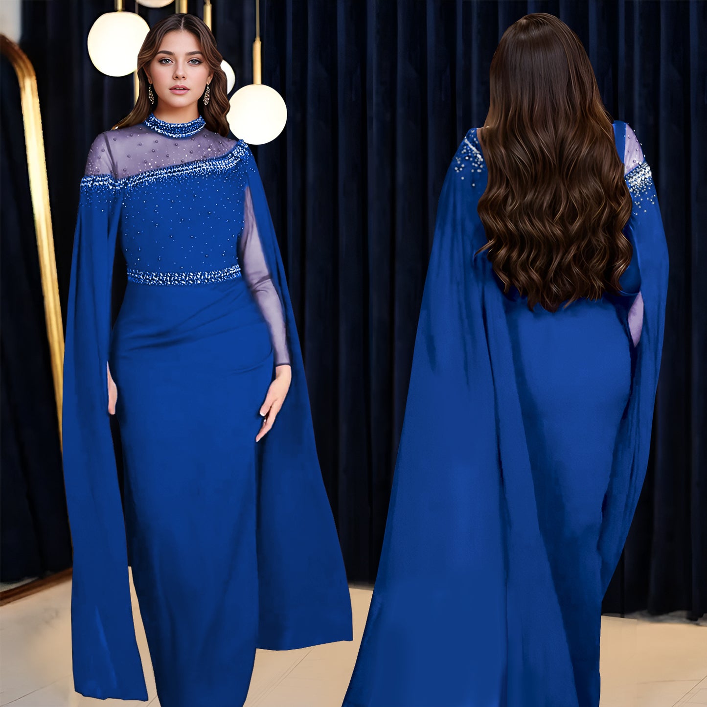 Chiffon Mesh Stitching Rhinestone Beaded Fashion Dresses