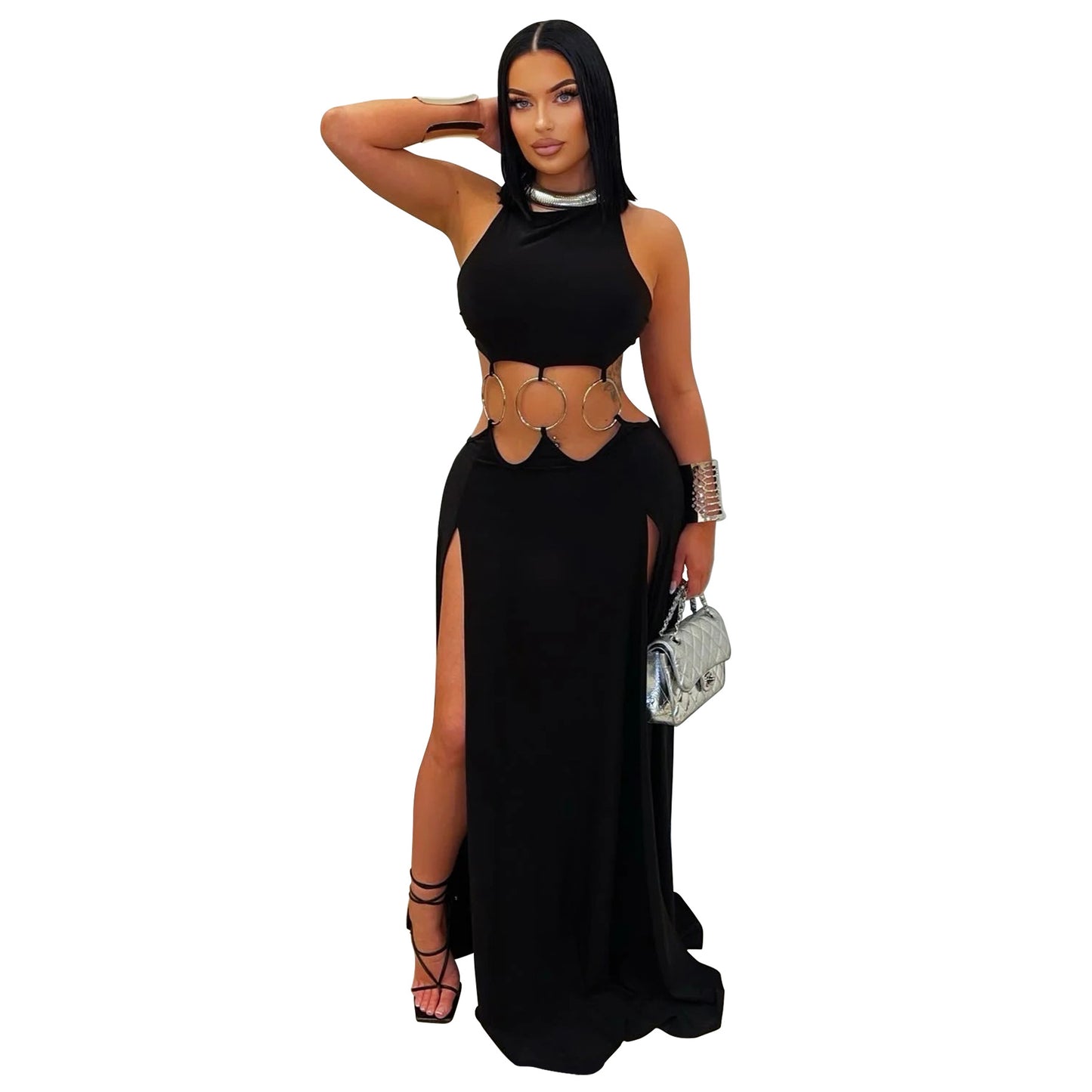 Women's European Solid Color Sexy Backless High Dresses