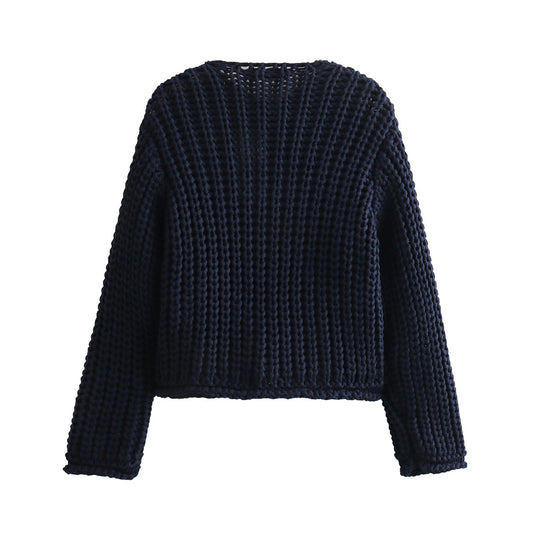 Women's Solid Color Single-breasted Double Pocket Thick Knitwear