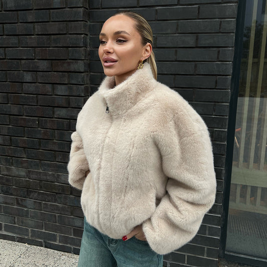 Women's Stand Collar Plush With Zipper Furry Coats