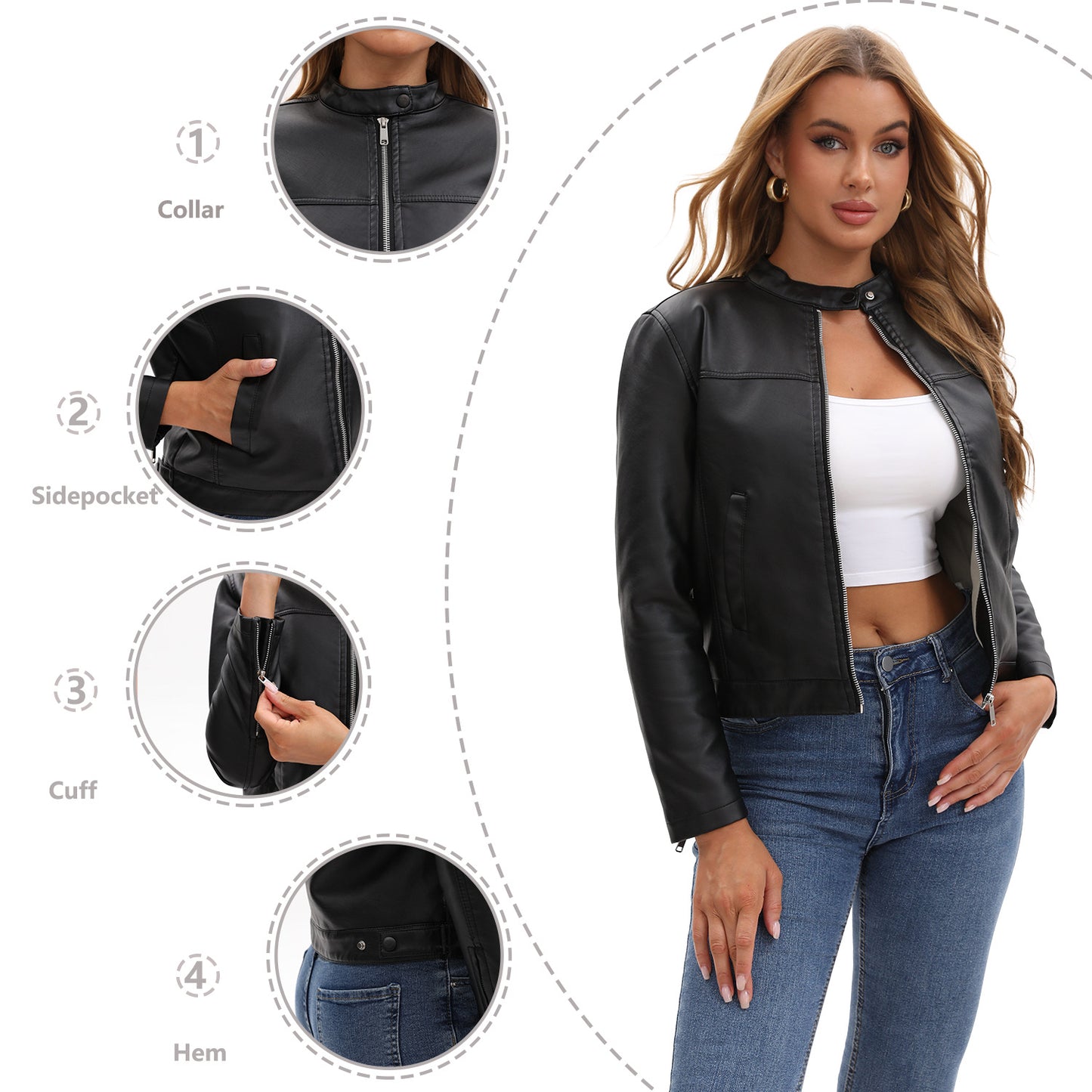Women's Leisure Leather Fashion Street Stand Collar Jackets