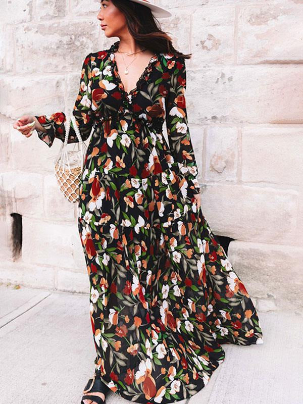 Women's Long Sleeve Fashion Print Fairy Elegant Dresses