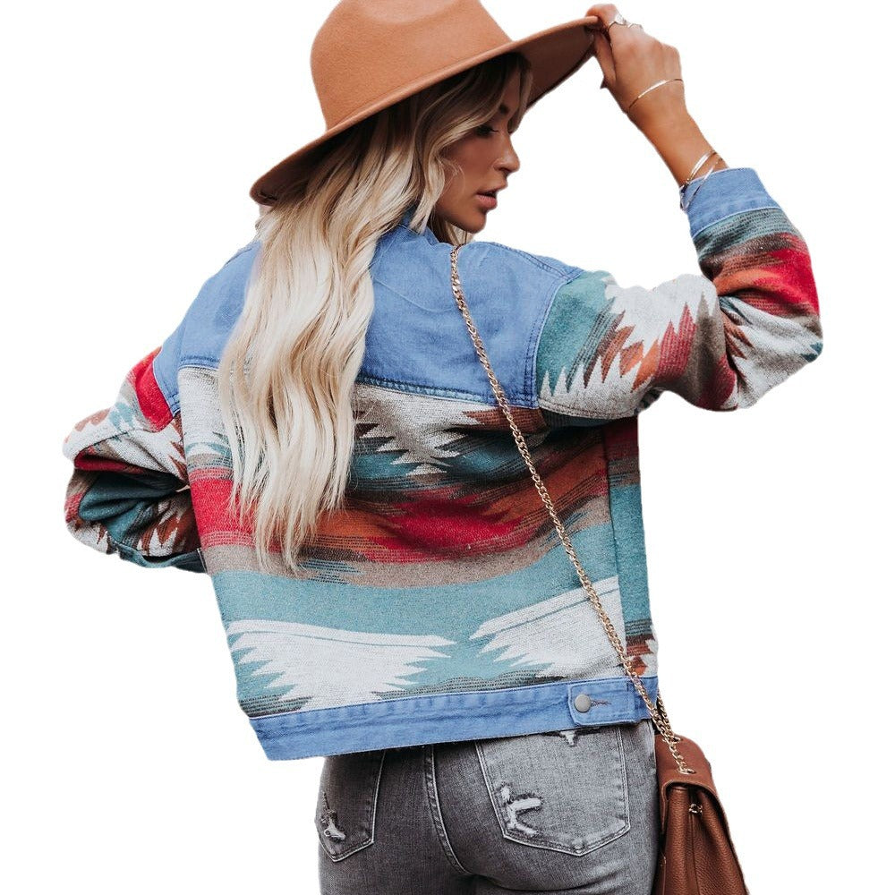 Women's Autumn Washed Color Block Denim Jackets
