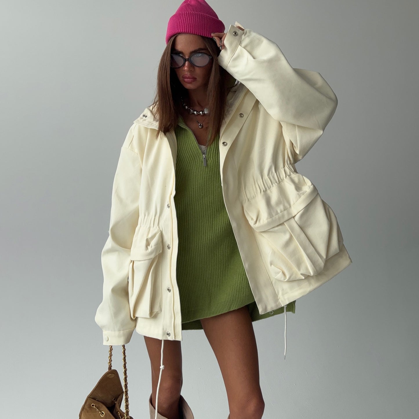 Women's Color Drawstring Waist Overalls Retro Street Coats