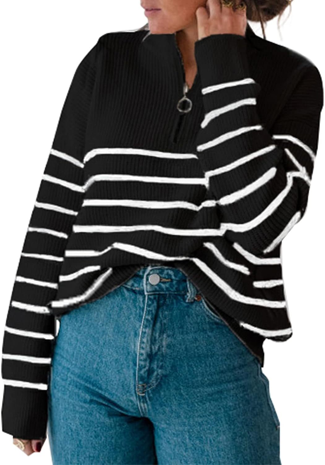 Women's Wear Long Sleeve Knitted Zipper Striped Sweaters
