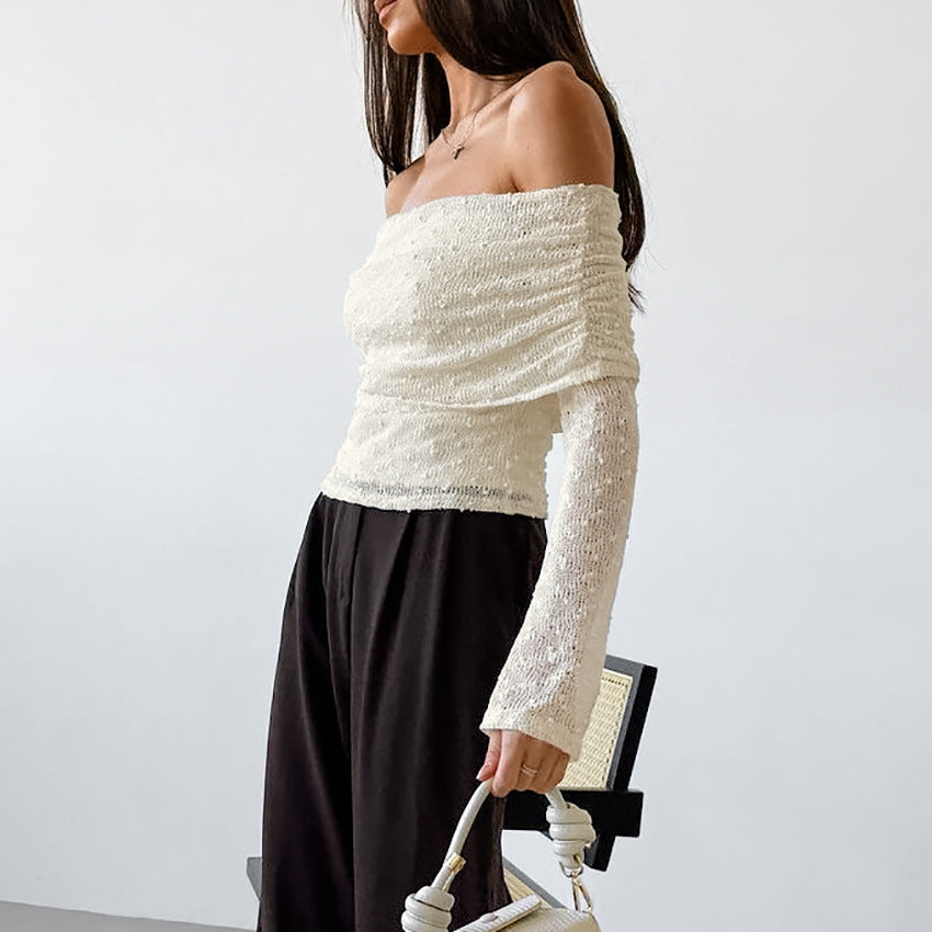 Women's Design Jacquard Sleeve Slim Knitted T-shirt Blouses