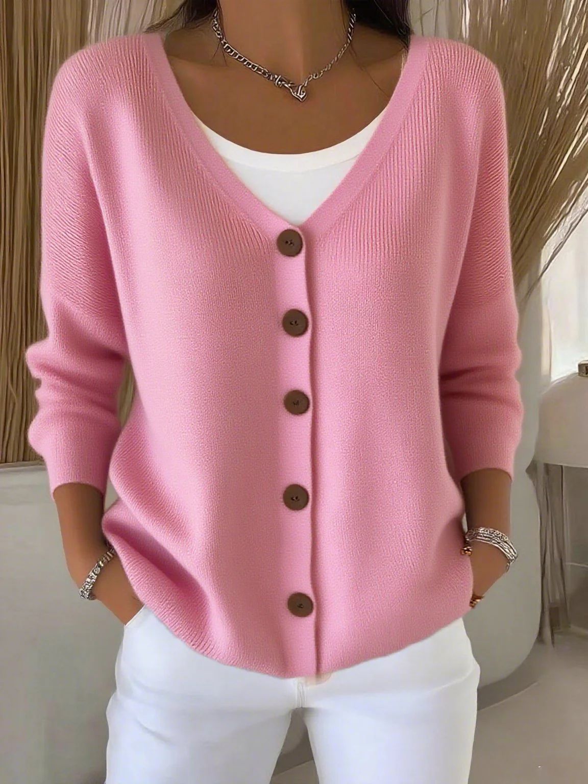 Women's Solid Color Knitted Button Loose Casual Sweaters